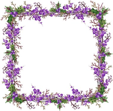 Dalları ile kare Noel çelenk, Holly, çilek Mor Lila