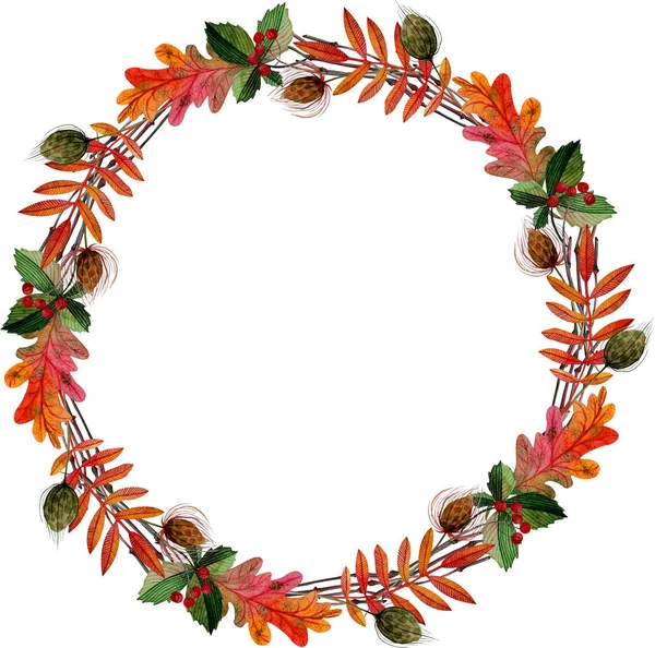 ラウンドフレーム花輪秋の緑のオレンジ色の赤い葉ブランチローワン、栗オークサマラ孤立 — ストック写真