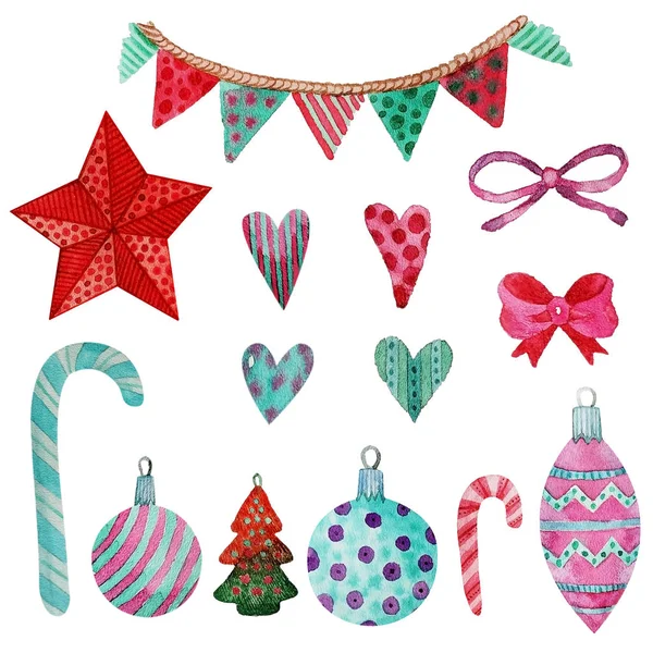 suluboya yılbaşı süsleri yılbaşı topları, yay, kalpler, lolipop, bayraklar seti