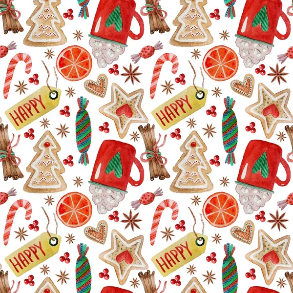 Dikişsiz desen arka plan Noel , yeni yıl, wight arka plan üzerinde kırmızı tatlı baharat bisküvi kakao şekerler