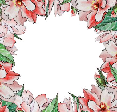 Kare suluboya çerçeve pembe, mercan sakura çiçekleri ve yapraklarla.