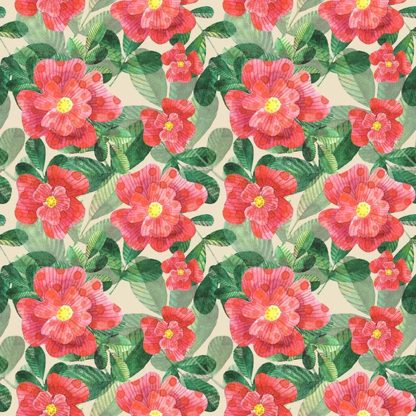 suluboya, kırmızı köpek gülleri bej arka planda pürüzsüz desen