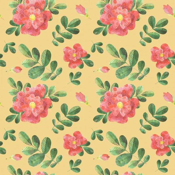 Sulu kırmızı köpek gülleri sarı arkaplanda pürüzsüz desen