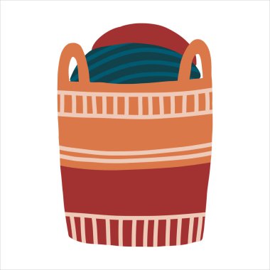 Hygge stili ekose, battaniye ve yastıklı el çizimi bir sepet. Elbiseler çamaşır sepetinde yatıyor. Boho İskandinav iç vektör ögesi - beyaz arkaplanda izole nesne. 