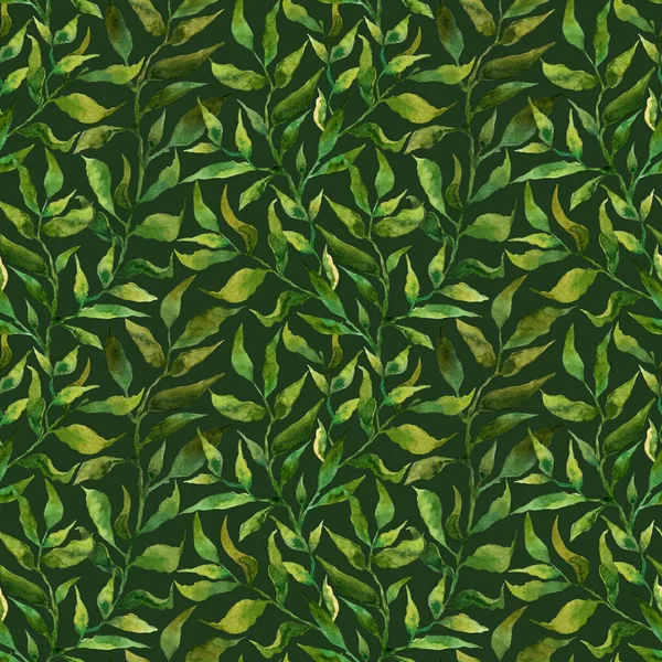 Seamless pattern with stylized leaves. Floral endless pattern filled with green leaves. Fresh greenery background, wallpaper, textile print. Watercolor hand drawn illustration on a dark background. — Stock Photo, Image