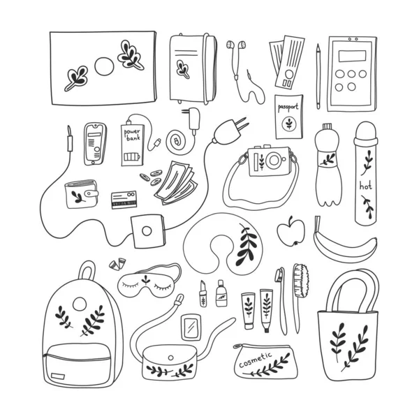 İş seyahati için bagajlar - vektör el çizimi çizim çizimi çizim seti. İş gezisi mi yoksa Seyahat Zamanı çizgi filmi konsepti mi? Kamera, laptop, hijyen ürünleri, Pasaport, Bilet ve Sırt Çantası 