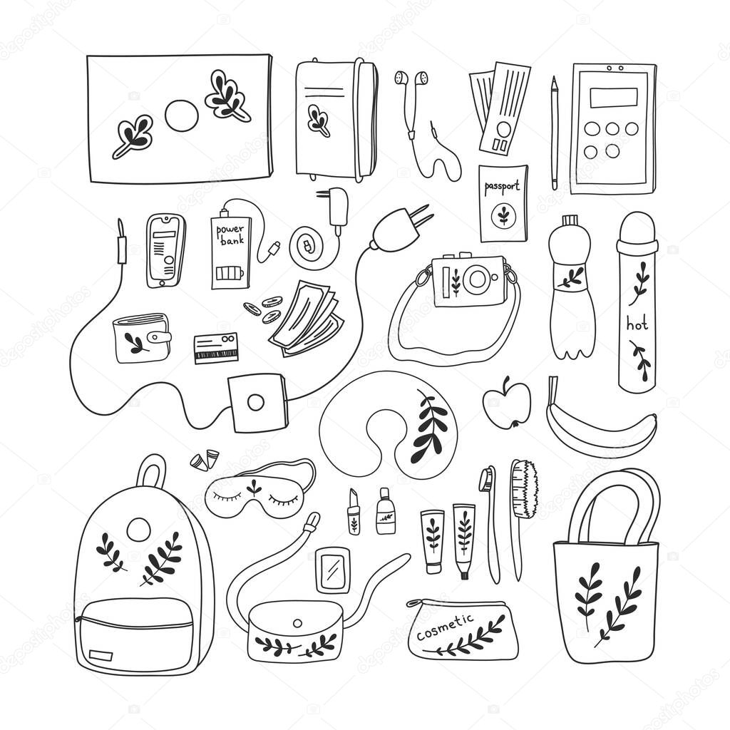 Baggage for business travel - vector hand drawn doodle illustration set. Business trip or Time to Travel cartoon concept. Camera, laptop, hygiene products, Passport, Ticket and Backpack 