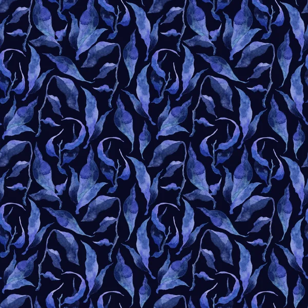 Hand painted watercolor ink leaves seamless floral pattern background. Blue leaves seamless watercolor leaf pattern for fabric, wallpapers, gift wrapping paper, scrapbooking.