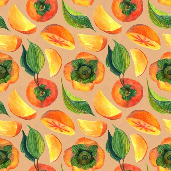 Watercolor seamless pattern of persimmon on a orange beige background. Floral illustration for wrapping paper, textiles, greeting cards and invitations. — Stock Photo, Image