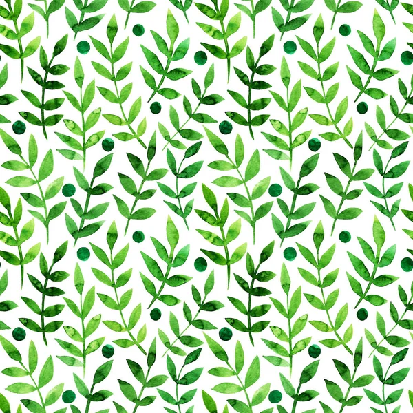 Kusursuz desenli, stilize yapraklı. Yeşil yapraklarla dolu uçsuz bucaksız bir desen. Taze yeşillik arkaplan, duvar kağıdı, tekstil baskısı. Beyaz arka planda suluboya el çizimi..