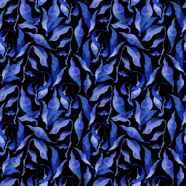 El boyası suluboya mürekkep arkaplanda kusursuz çiçek desenleri bırakır. Mavi yapraklar, kumaş, duvar kağıtları, hediye paketleme kağıtları, yapıştırma kitabı için kusursuz suluboya yaprak deseni..