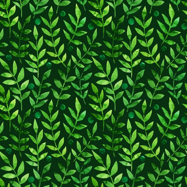 솔기없는 무늬에 무늬가 있는 잎. 녹색 잎으로 가득 한 끝없는 꽃무늬. 신선 한 녹색 배경, 벽지, 직물인 쇄 워터 컬러 손 그림 — 스톡 사진