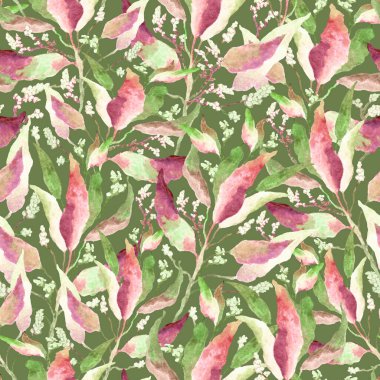 Kusursuz desenli, stilize yapraklı. Pembe yapraklarla dolu uçsuz bucaksız bir desen. Taze yeşillik arkaplan, duvar kağıdı, tekstil baskısı. Yeşil arka planda suluboya el çizimi..