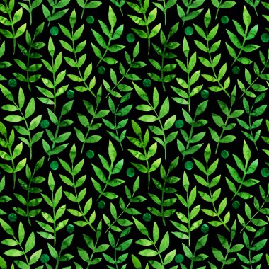 Kusursuz desenli, stilize yapraklı. Yeşil yapraklarla dolu uçsuz bucaksız bir desen. Taze yeşillik arkaplan, duvar kağıdı, tekstil baskısı. Siyah arkaplan üzerine suluboya el çizimi..