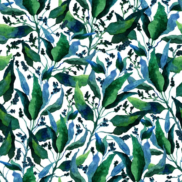 Zökkenőmentes minta stilizált akvarell levelekkel. Virágos, végtelen minta, zöld és kék levelekkel töltve. Akvarell kézzel rajzolt illusztráció fehér hátterben.Ideális tapéta, textil nyomat. — Stock Fotó