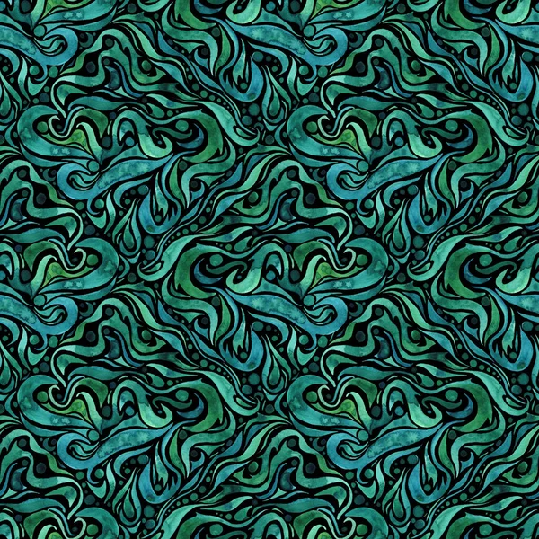 stock image Watercolor ornate floral ethnic seamless pattern in green and blue colors on black background. Decorative boho abstract ornament. Perfect for invitations, wrapping paper, textile, fabric, packing