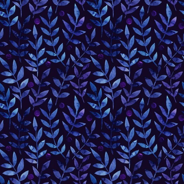 Kusursuz desenli, stilize yapraklı. Mavi yapraklarla dolu uçsuz bucaksız bir desen. Taze klasik mavi arkaplan, duvar kağıdı, tekstil baskısı. Suluboya el çizimi illüstrasyonuName 