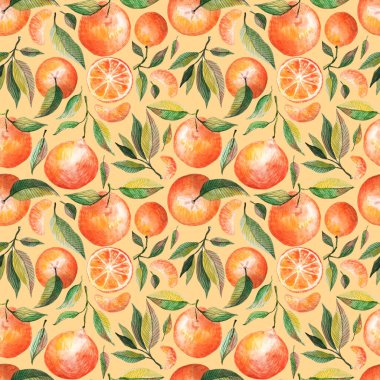 Portakallı suluboya desenli turunçgiller yeşil yapraklı sarı arkaplan. Tekrarlanan meyve arka planı. Kumaş tekstili için botanik illüstrasyon