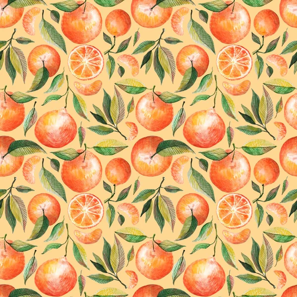 Portakallı suluboya desenli turunçgiller yeşil yapraklı sarı arkaplan. Tekrarlanan meyve arka planı. Kumaş tekstili için botanik illüstrasyon