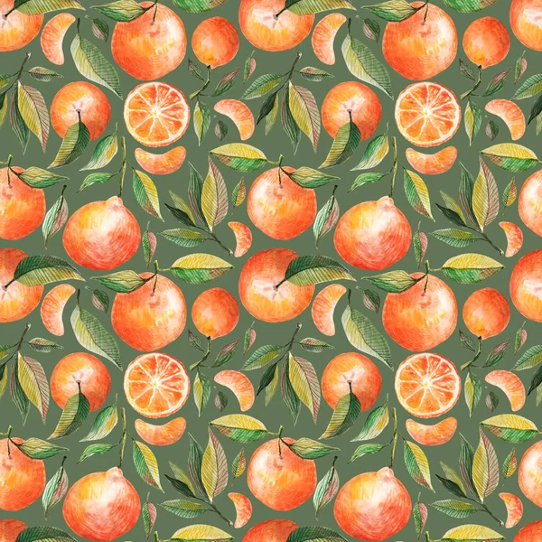 Aquarelle motif sans couture avec des oranges mandarines agrumes feuilles vertes isolées sur fond noir. Fruit fond répété. Illustration botanique pour tissu textile — Photo