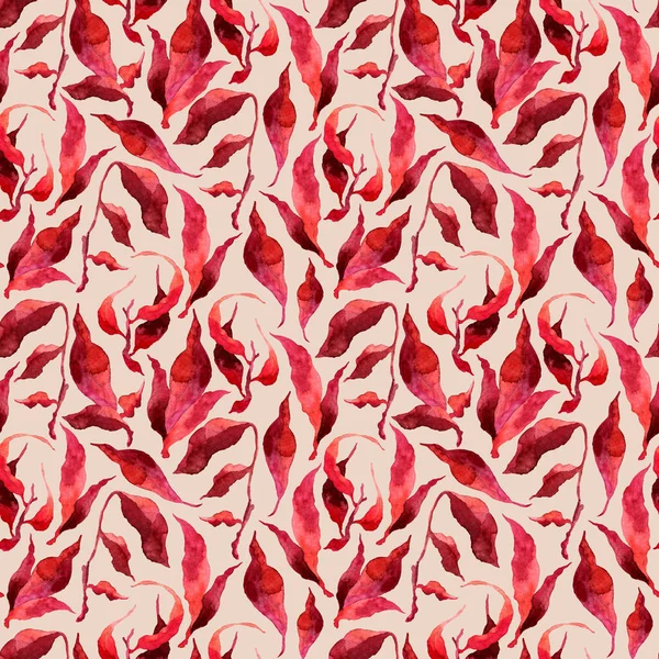 El boyası suluboya kırmızı yapraklar pürüzsüz çiçek desenli pembe arka plan. Dal ve yapraklar kumaş, duvar kağıtları, hediye paketleme kağıtları, yapıştırma kitabı için pürüzsüz suluboya yaprak deseni.