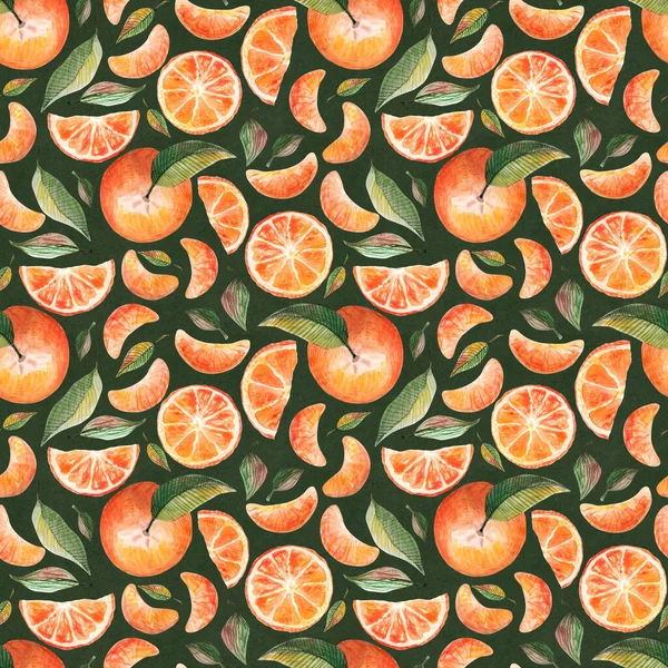 Aquarelle motif sans couture avec des oranges mandarines agrumes feuilles vertes isolées sur fond noir. Fruit fond répété. Illustration botanique pour tissu textile — Photo