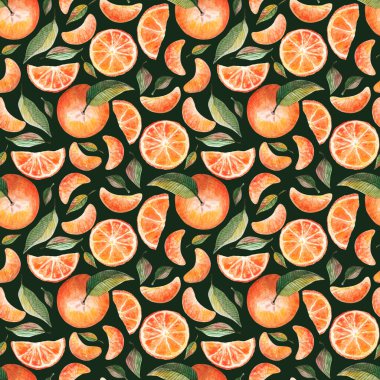 Portakallı suluboya desenli turunçgiller koyu yeşil arka planda yeşil yapraklar. Tekrarlanan meyve arka planı. Kumaş tekstili için botanik illüstrasyon