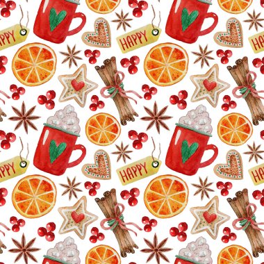 Noel elementleriyle suluboya desenli zencefilli kurabiye, bir kupa kakao ve baharat. El boyası şekerler, kırmızı böğürtlenler, portakal, anason ve tarçın çubukları. El yapımı kış tatili nesneleri