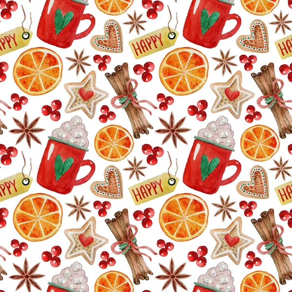 Aquarel naadloos patroon met kerst elementen, peperkoek koekjes, mok cacao en specerijen. Handbeschilderde snoepjes, rode bessen, sinaasappel, anijs en kaneelstokjes. Handgetekende wintervakantie objecten — Stockfoto