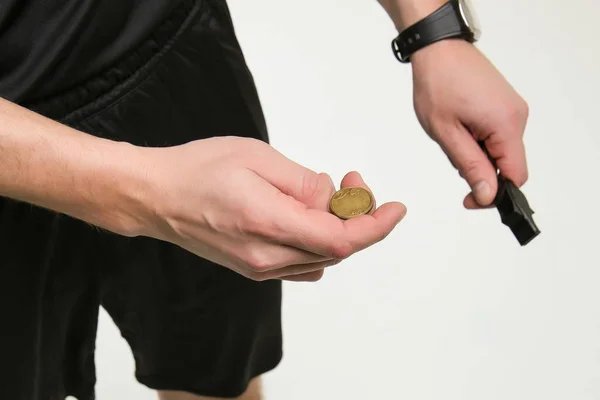 Hand Soccer Referee Throws Coin Referee Tossing Coin White Background — Stock Photo, Image