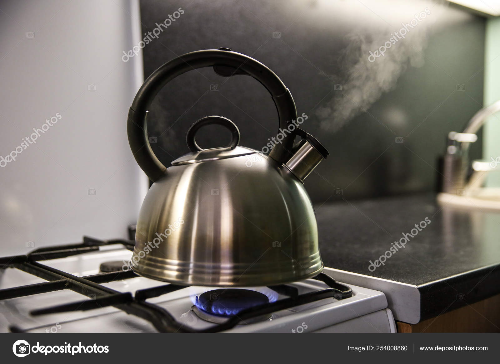 Kettle Boiling Water Kettle Boils Gas Stove Kettle Whistles Gas Stock Photo  by ©pit84@bk.ru 254008860