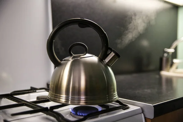 kettle with boiling water. the kettle boils on a gas stove. the kettle whistles on the gas. steam from the kettle through the whistle.