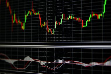 hisse senedi fiyat grafiği arka plan. MACD ticaret göstergesi. siyah bir arka planda hisse senedi piyasası mum sopa grafik. Ticaret çizelgesine ait kırmızı ve yeşil mumlar. Döviz çifti fiyatı aralığı. 