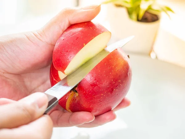 Slices Fresh Red Apple Peeled Apples Peel Knife Dish White — Stock Photo, Image