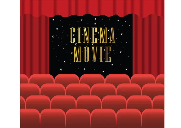 Cinéma Intérieur Projection Film Grand Écran Avec Rideaux Rouges Siège — Image vectorielle