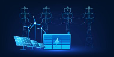 Gelecekteki enerji depolama konsepti illüstrasyonu, güneş panellerinden ve yüksek voltaj kulelerinden elektrik depolanan büyük batarya, yenilenebilir enerji, akıllı şebeke ve sürdürülebilir teknolojiyi sembolize eden