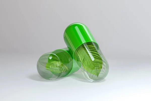 3d rendering, green capsule with leaf in it — Stock Photo, Image