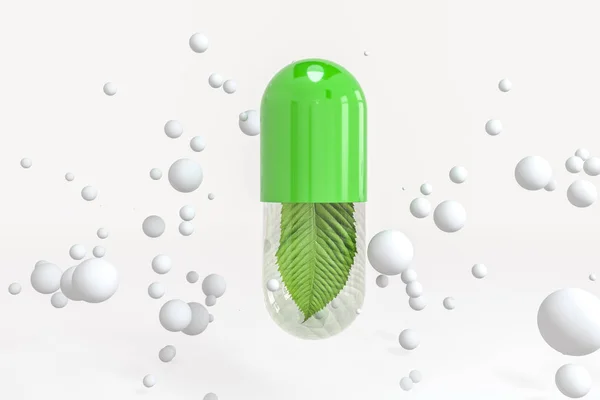 Representación 3d, cápsula verde con hoja en ella —  Fotos de Stock