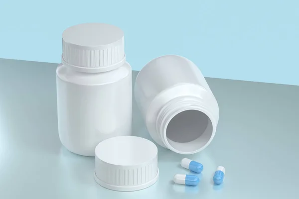 3d rendering, white medicine bottle with capsules