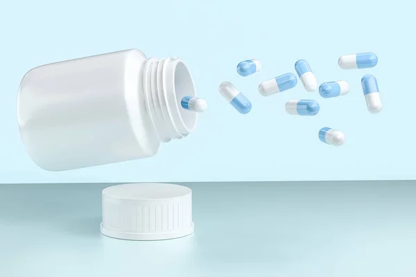 3d renderização, frasco de medicamento branco com cápsulas — Fotografia de Stock