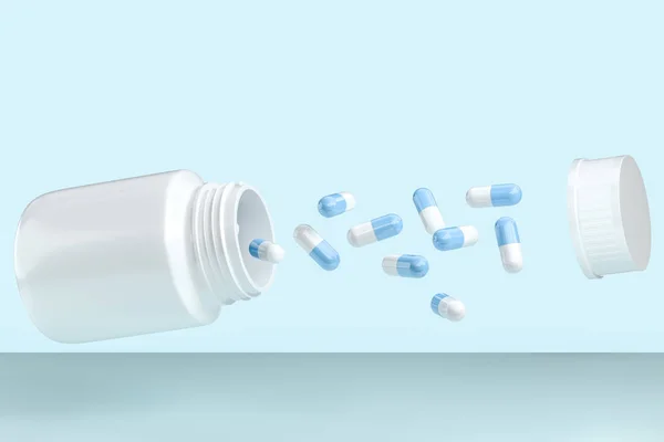 3D візуалізація, пляшка білої медицини з капсулами — стокове фото