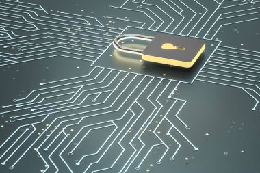 3D Rendering, dijital konsept arka planda metal kilit