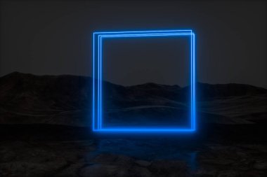 koyu dağ arka plan, 3d render ile renkli parlayan çizgiler