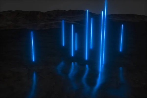 Красочные светящиеся линии с темным горным фоном, 3D рендеринг — стоковое фото