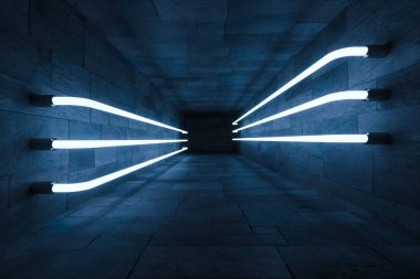 3D render, anbanoned odada parlayan sihirli çizgiler, koyu arka plan