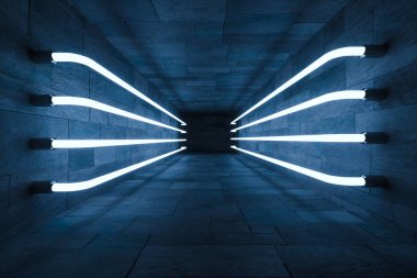 3D render, anbanoned odada parlayan sihirli çizgiler, koyu arka plan