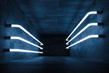 3D render, anbanoned odada parlayan sihirli çizgiler, koyu arka plan