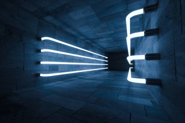 3D render, anbanoned odada parlayan sihirli çizgiler, koyu arka plan