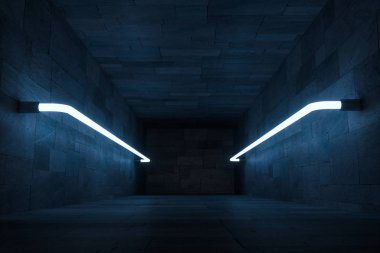 3D render, anbanoned odada parlayan sihirli çizgiler, koyu arka plan