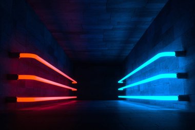 3D render, anbanoned odada parlayan sihirli çizgiler, koyu arka plan